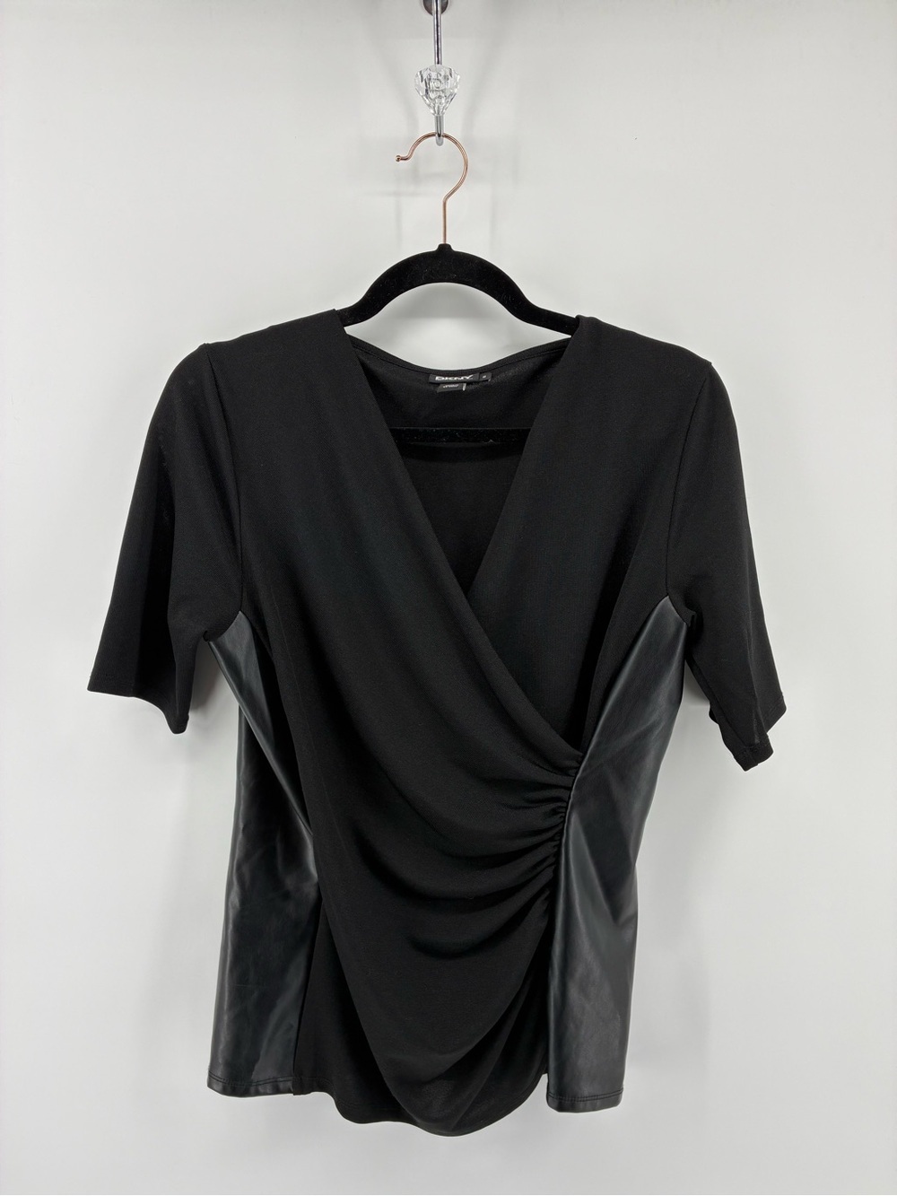 Black Faux-Leather Panel Draped Wrap Top